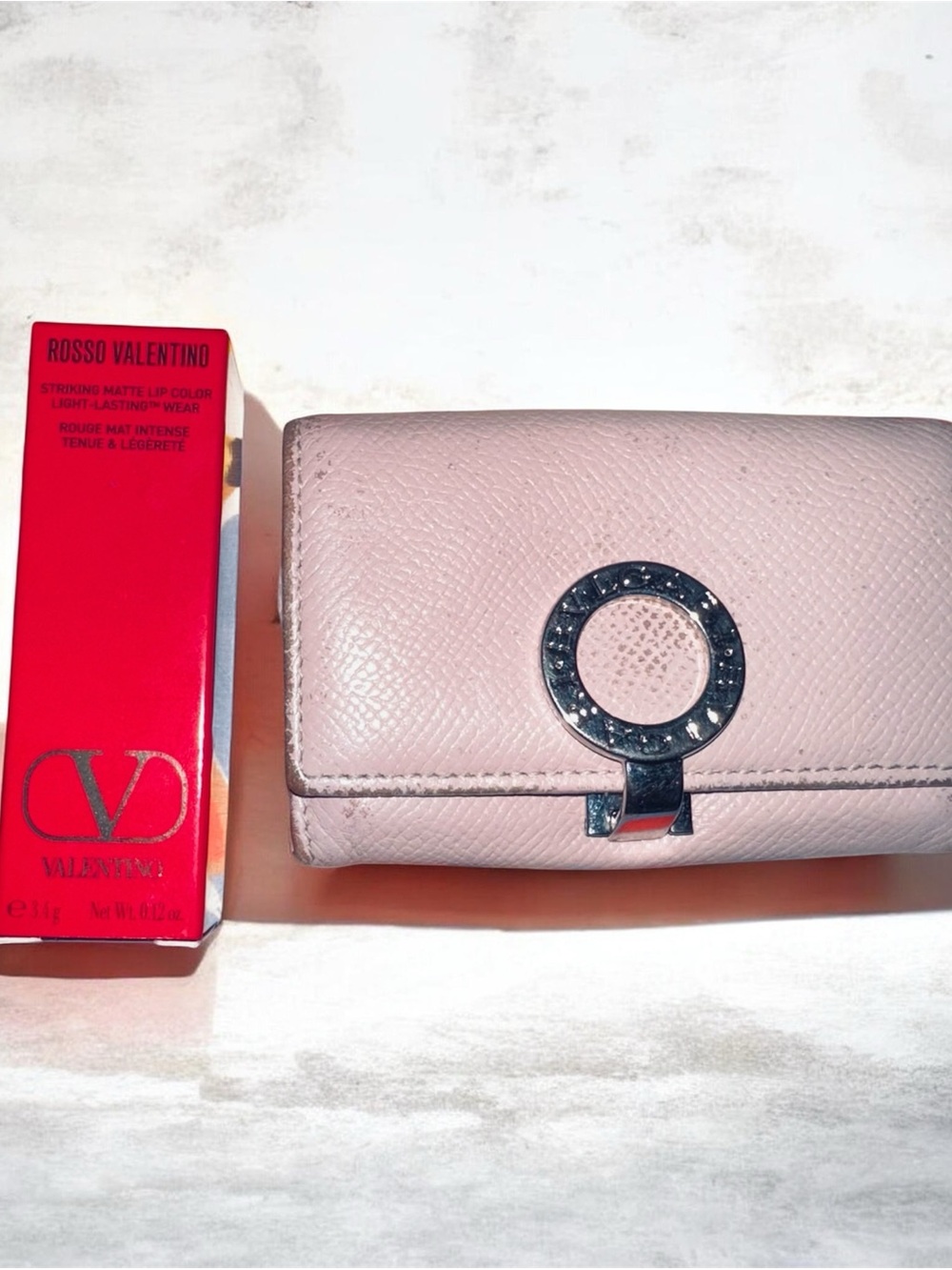 BVLGARI pale pink Leather Compact Wallet with Round silver hardware vintage and